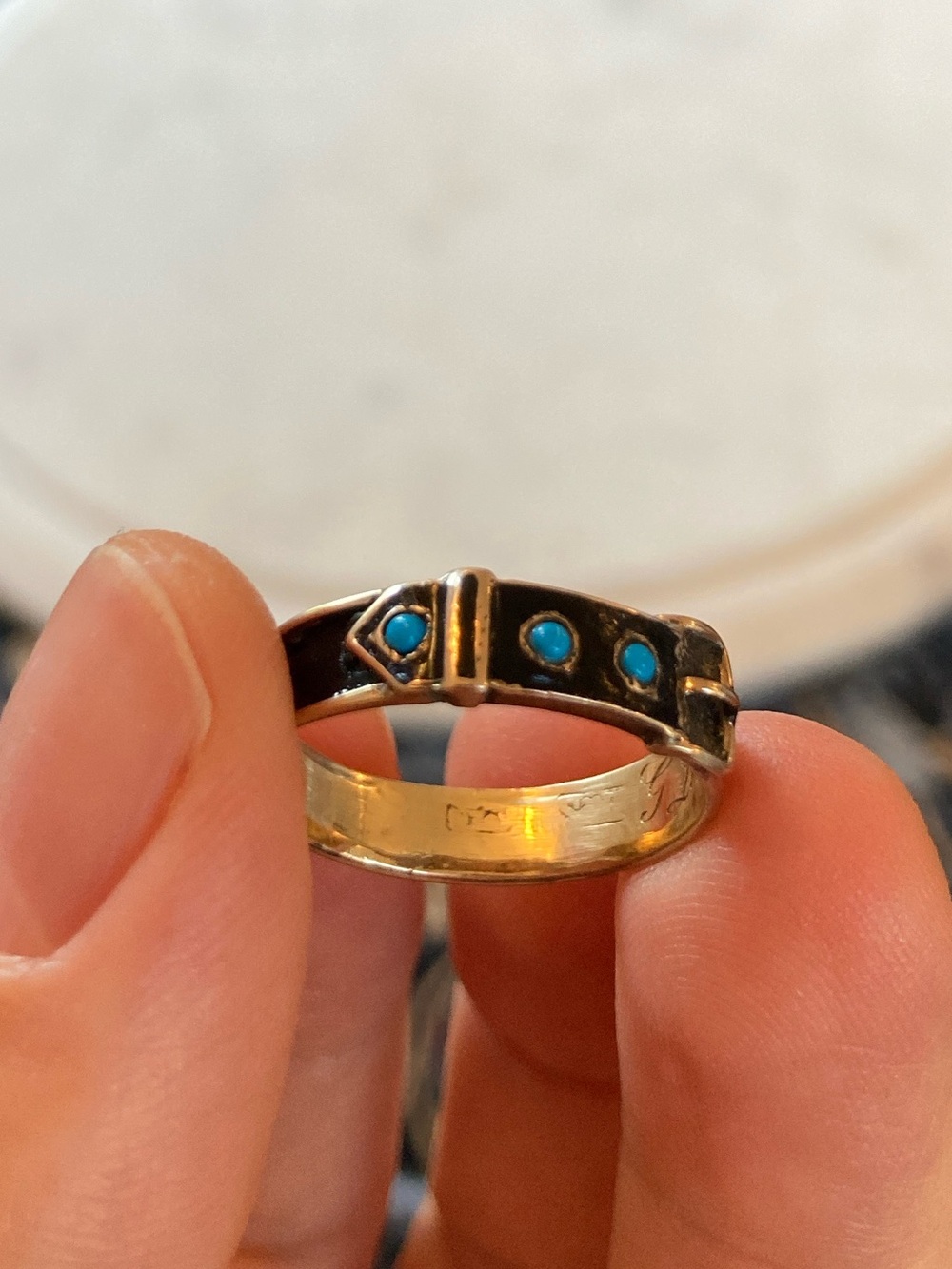 Antique Victorian 9K Mourning Black Enamel Turquoise Buckle Ring Obt. 1875